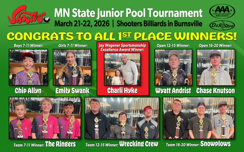 Minnesota State Junior Pool Tournament 2026 at Shooters Billiards in Burnsville