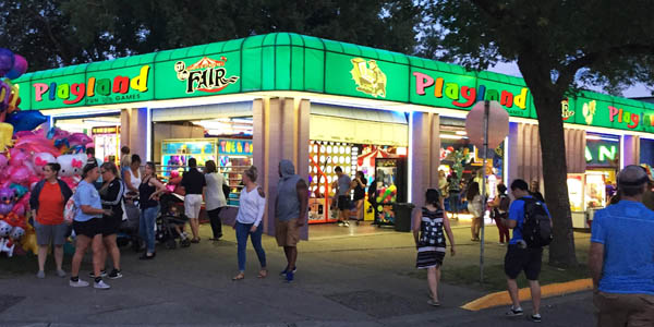 Playland Arcade at night at the Minnesota State Fair